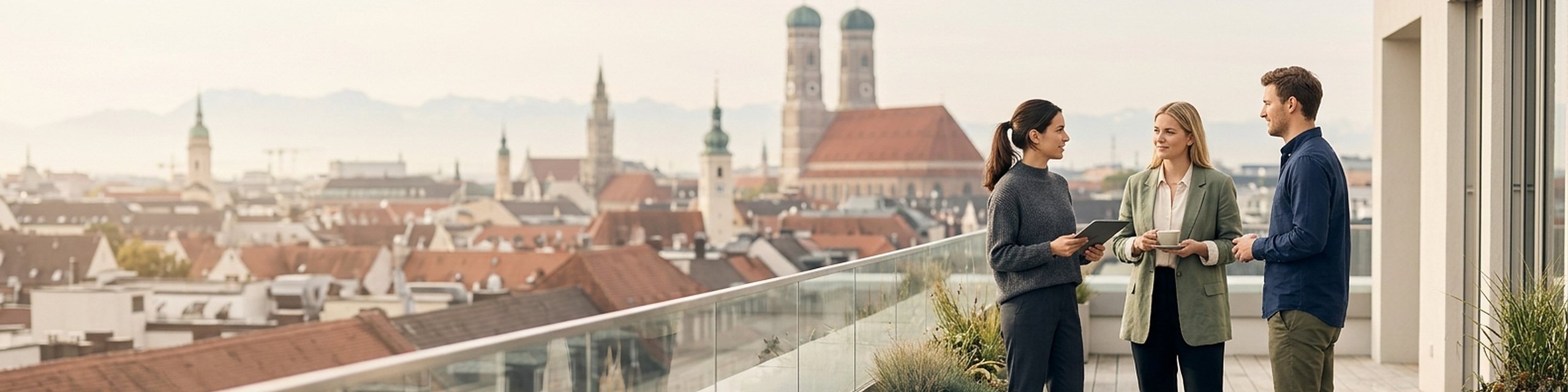 Symbolbild: Gründerteam auf einer Dachterrasse mit Blick auf die Münchner Frauenkirche – Existenzgründung
