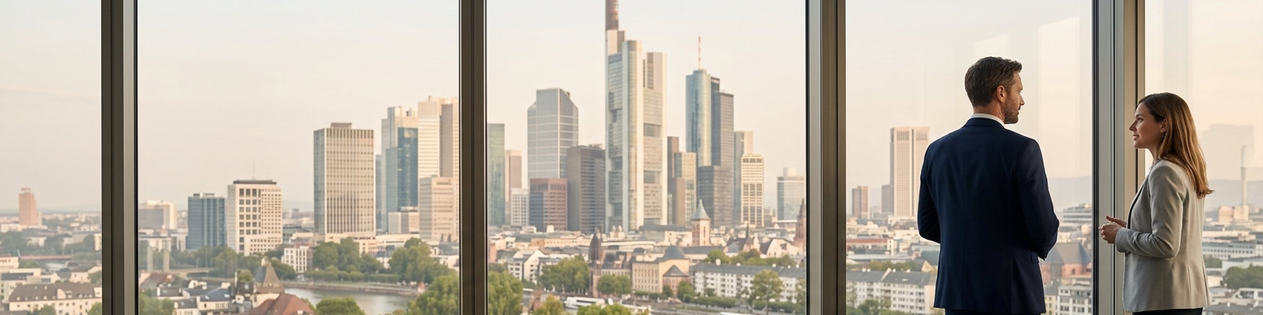 Symbolbild: Beratungsgespräch mit Blick auf die Frankfurter Skyline – Unternehmensstruktur