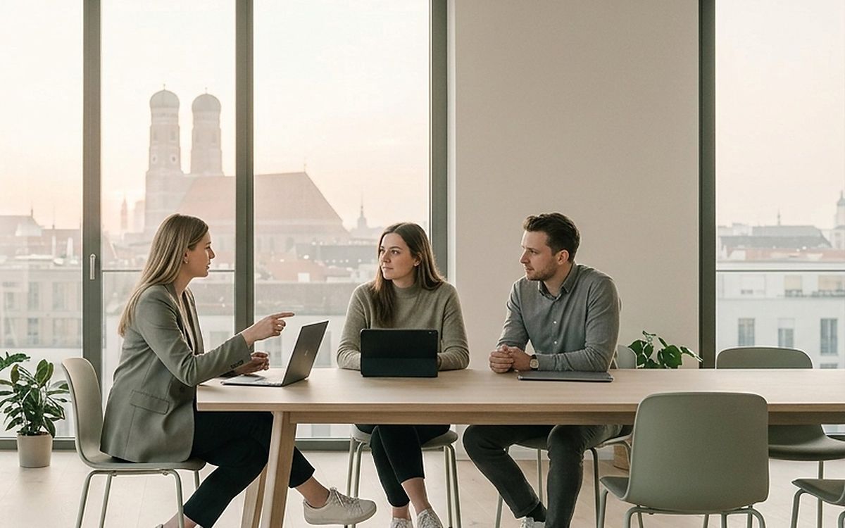 Symbolbild: Junges Gründerteam im Büro mit Blick auf die Münchner Frauenkirche – Existenzgründung