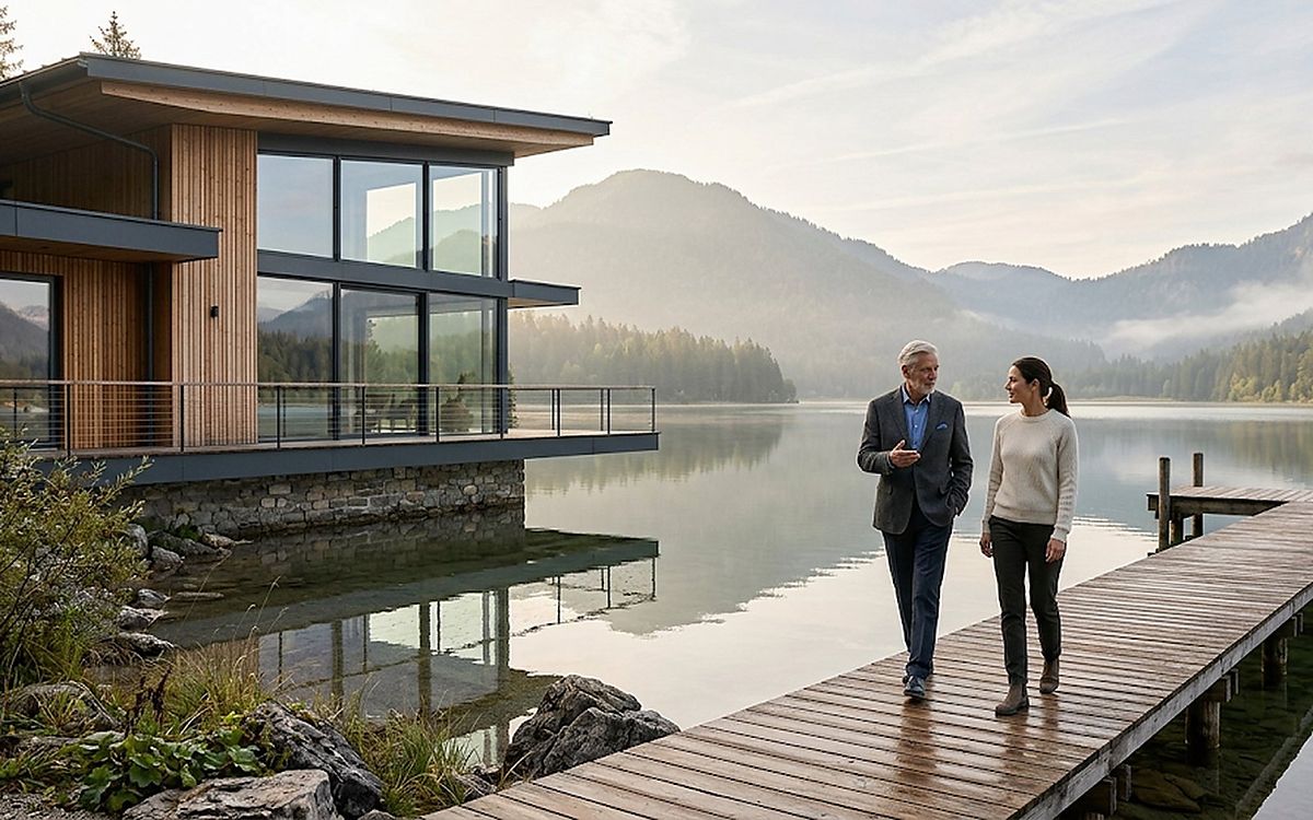 Symbolbild: Beratungsgespräch am See vor einem modernen Wohnhaus – Immobilien und Erbschaft